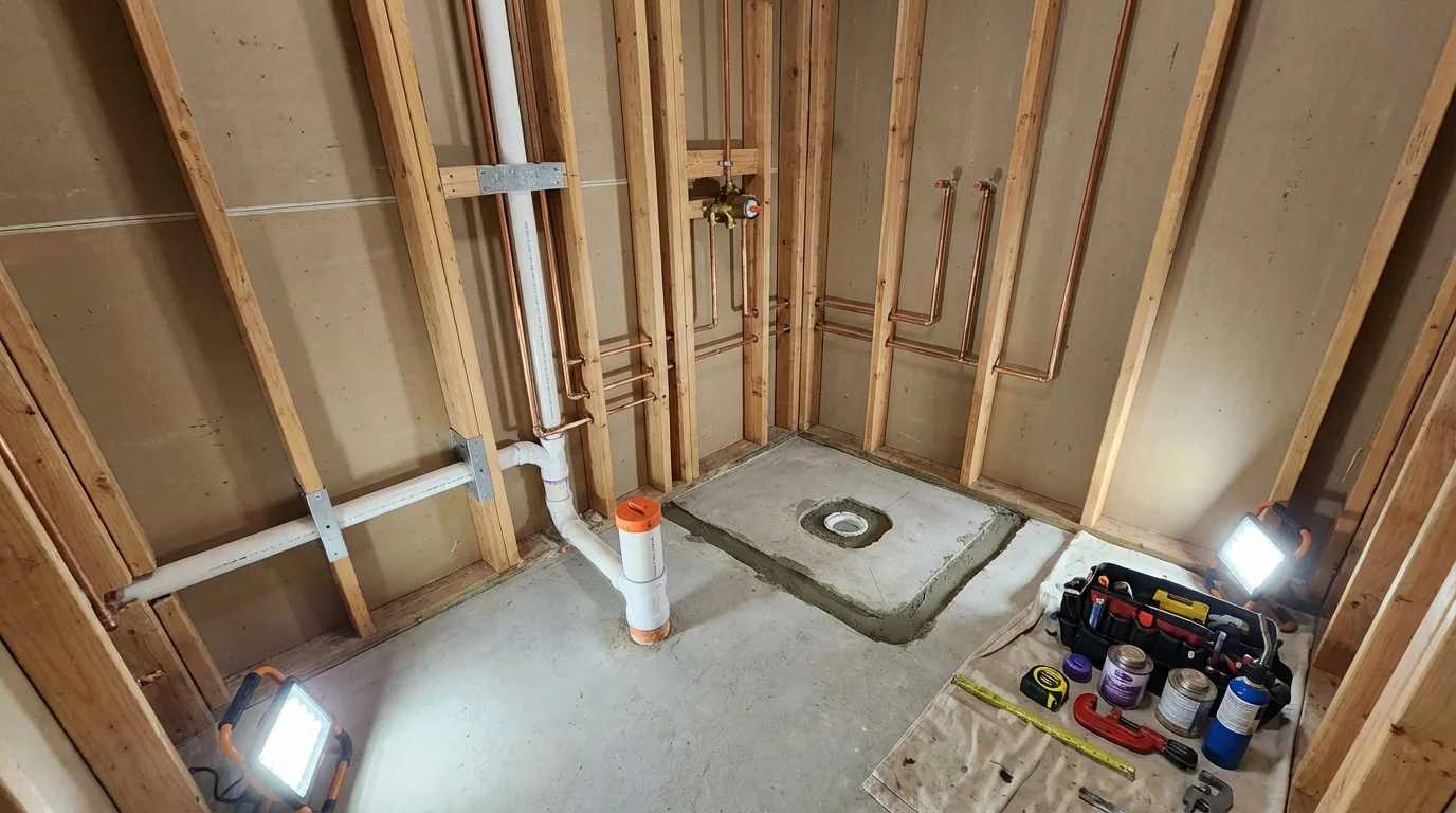 Bathroom rough-in plumbing during remodel by Johns Plumbing LLC in Millville