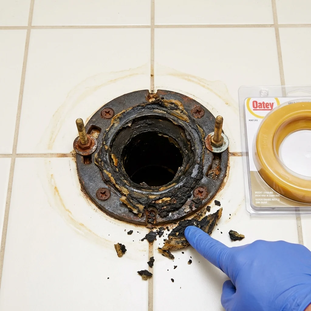 Failed wax ring showing water seepage at the base of a toilet in a Millville, MA home