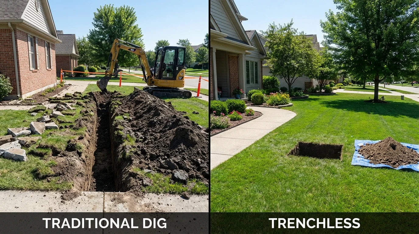 Trenchless sewer repair with minimal yard damage versus traditional excavation in Millville, MA