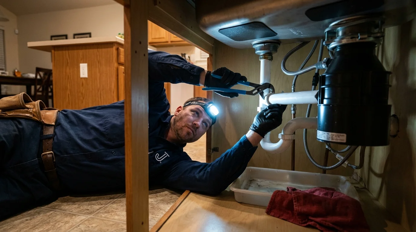P-trap and supply line connections under a kitchen sink showing a common leak point in Millville, MA